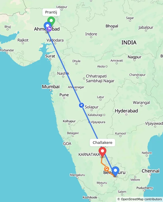 Route map showing distance and travel time from Prantij, India to Challakere, India