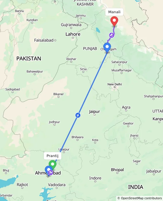 Route map showing distance and travel time from Prantij, India to Manali, India