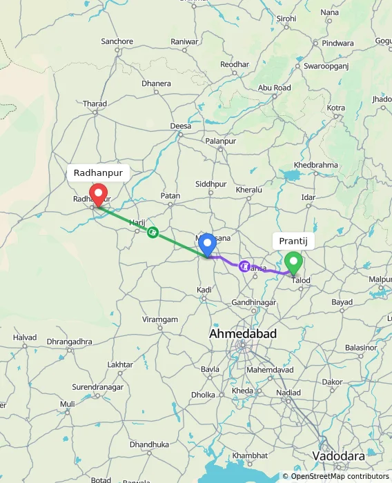 Route map showing distance and travel time from Prantij, India to Radhanpur, India
