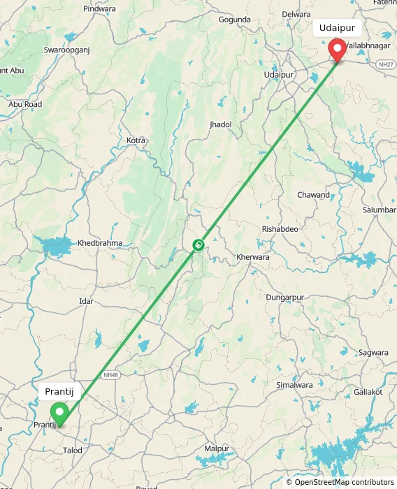 Route map showing distance and travel time from Prantij, India to Udaipur, India