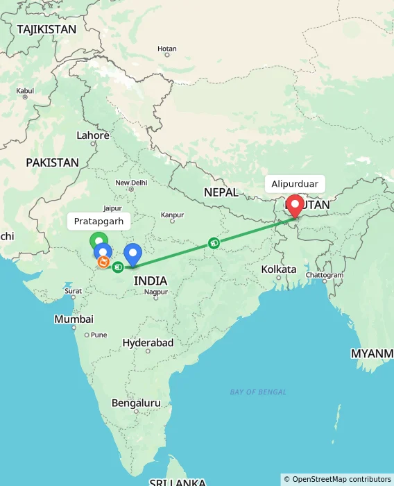 Route map showing distance and travel time from Pratapgarh, India to Alipurduar, India