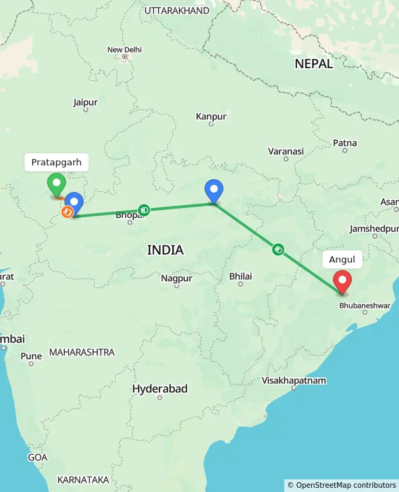 Route map showing distance and travel time from Pratapgarh, India to Angul, India