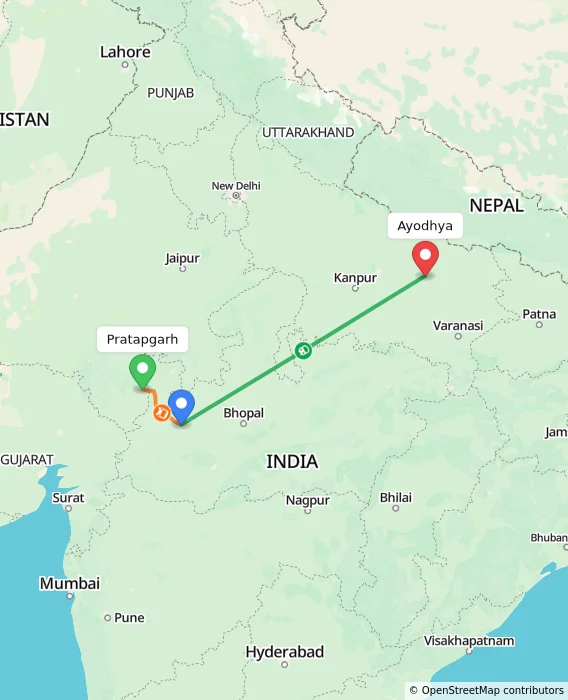 Route map showing distance and travel time from Pratapgarh, India to Ayodhya, India