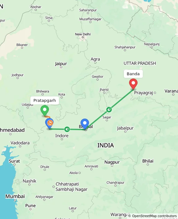 Route map showing distance and travel time from Pratapgarh, India to Banda, India