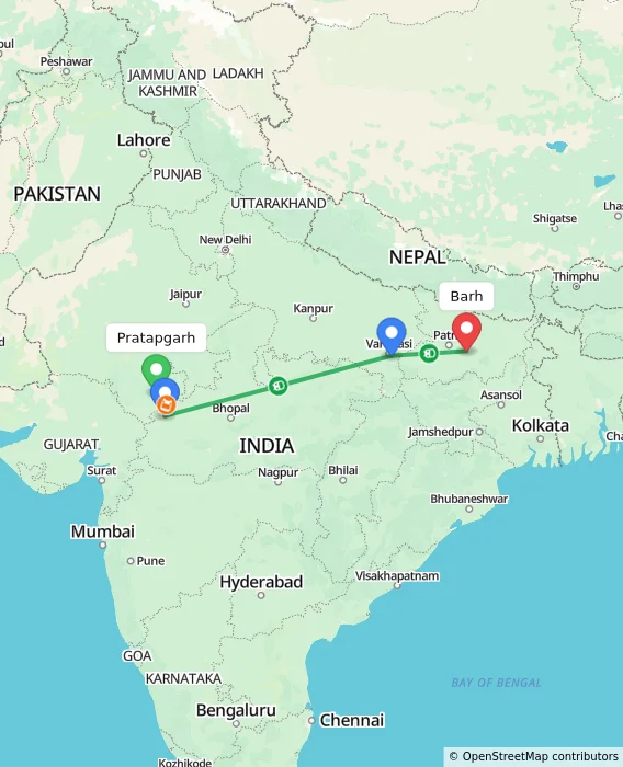 Route map showing distance and travel time from Pratapgarh, India to Barh, India