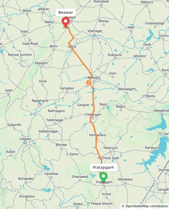 Route map showing distance and travel time from Pratapgarh, India to Beawar, India