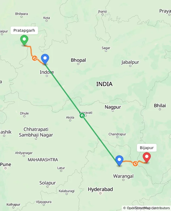 Route map showing distance and travel time from Pratapgarh, India to Bijapur, India