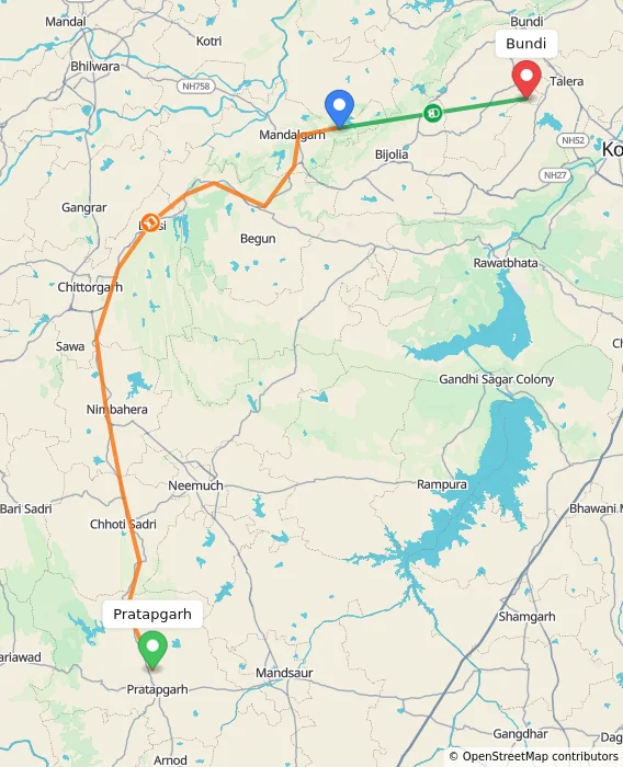 Route map showing distance and travel time from Pratapgarh, India to Bundi, India