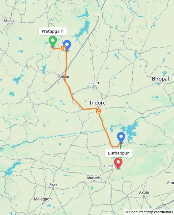 Route map showing distance and travel time from Pratapgarh, India to Burhanpur, India