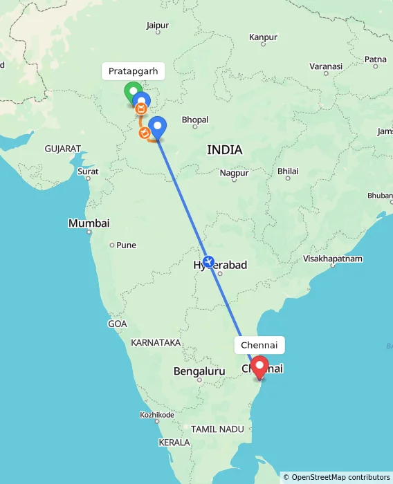 Route map showing distance and travel time from Pratapgarh, India to Chennai, India