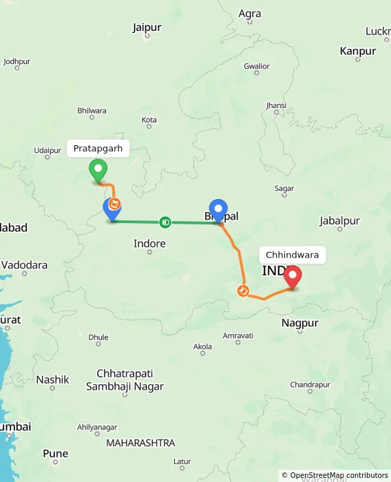 Route map showing distance and travel time from Pratapgarh, India to Chhindwara, India