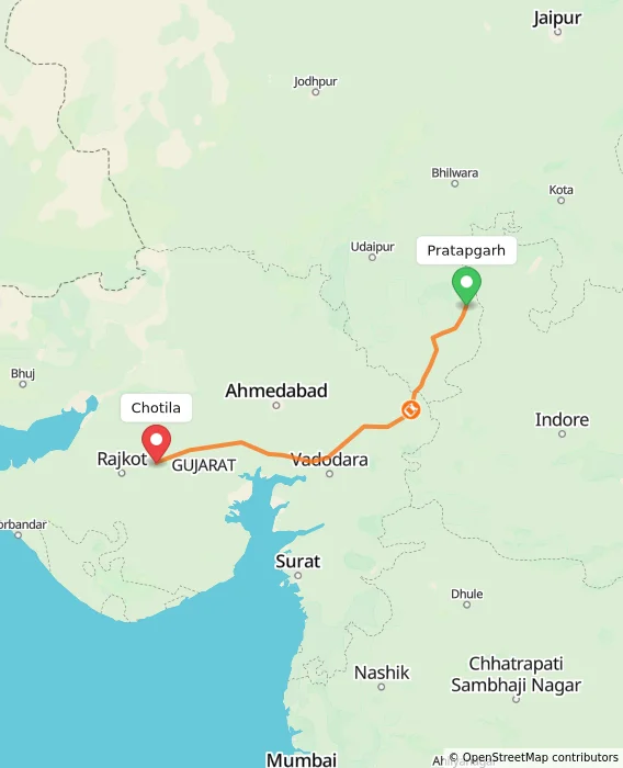 Route map showing distance and travel time from Pratapgarh, India to Chotila, India
