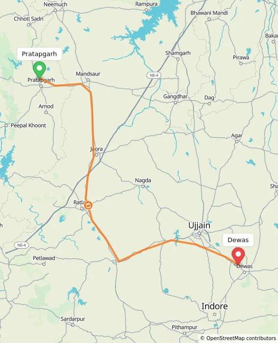 Route map showing distance and travel time from Pratapgarh, India to Dewas, India