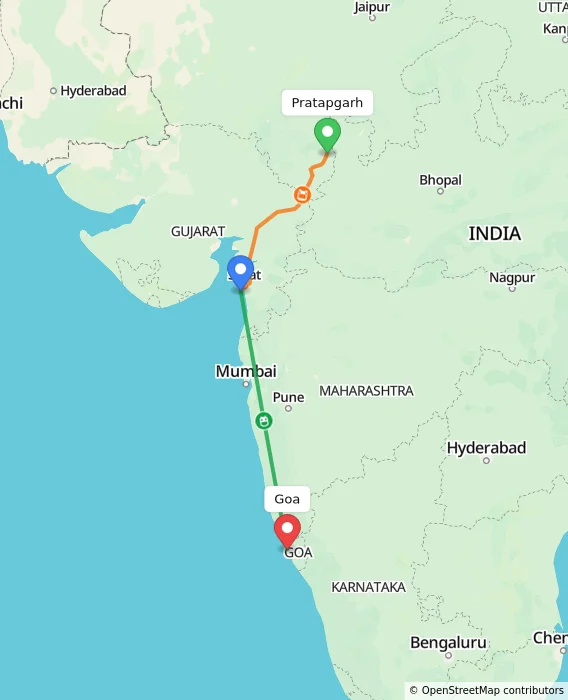 Route map showing distance and travel time from Pratapgarh, India to Goa, India