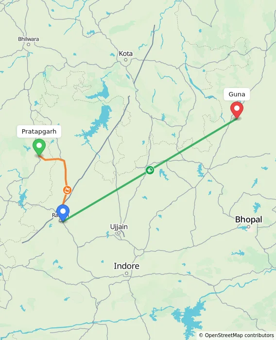 Route map showing distance and travel time from Pratapgarh, India to Guna, India