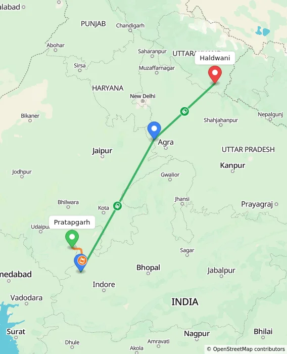 Route map showing distance and travel time from Pratapgarh, India to Haldwani, India