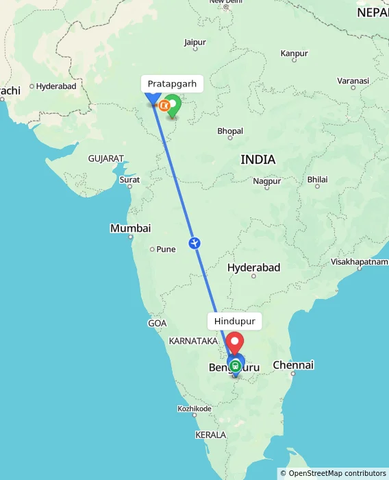 Route map showing distance and travel time from Pratapgarh, India to Hindupur, India