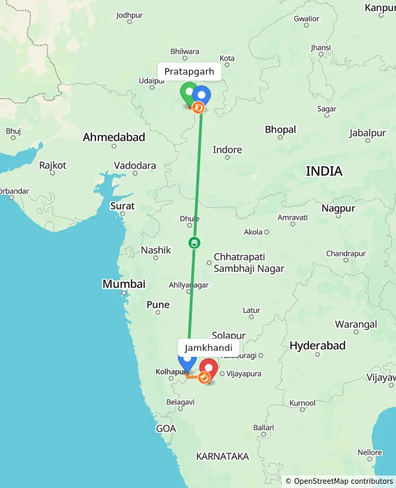 Route map showing distance and travel time from Pratapgarh, India to Jamkhandi, India