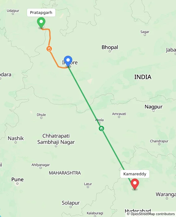 Route map showing distance and travel time from Pratapgarh, India to Kamareddy, India