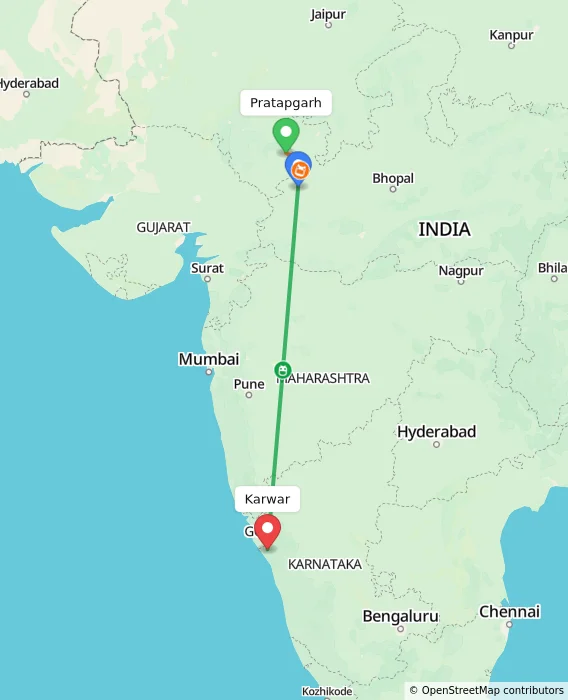 Route map showing distance and travel time from Pratapgarh, India to Karwar, India
