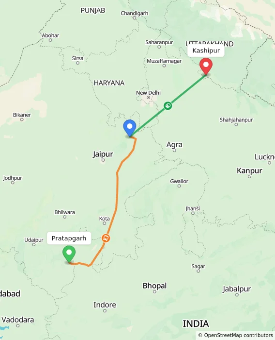 Route map showing distance and travel time from Pratapgarh, India to Kashipur, India