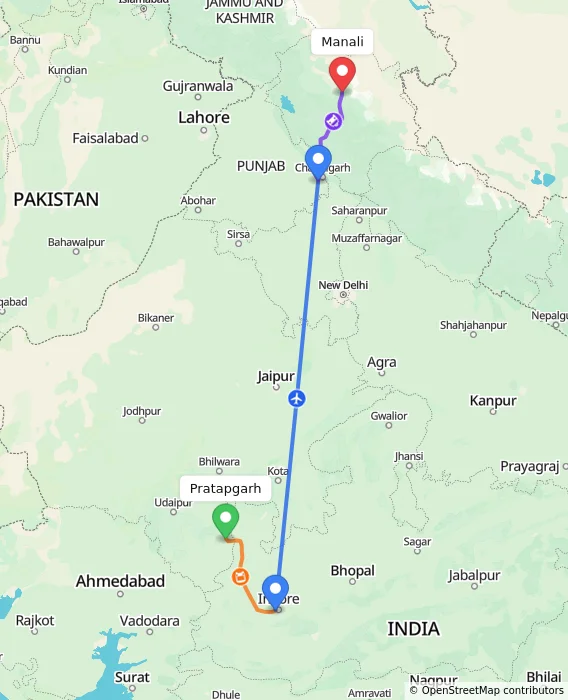 Route map showing distance and travel time from Pratapgarh, India to Manali, India