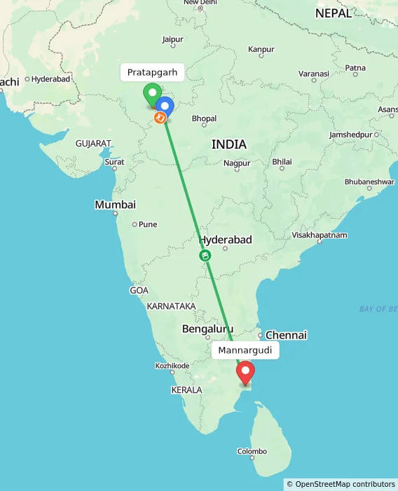Route map showing distance and travel time from Pratapgarh, India to Mannargudi, India