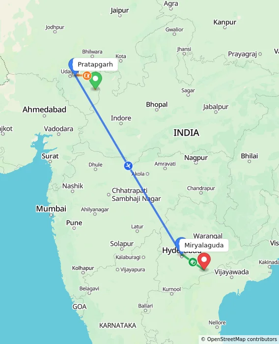 Route map showing distance and travel time from Pratapgarh, India to Miryalaguda, India