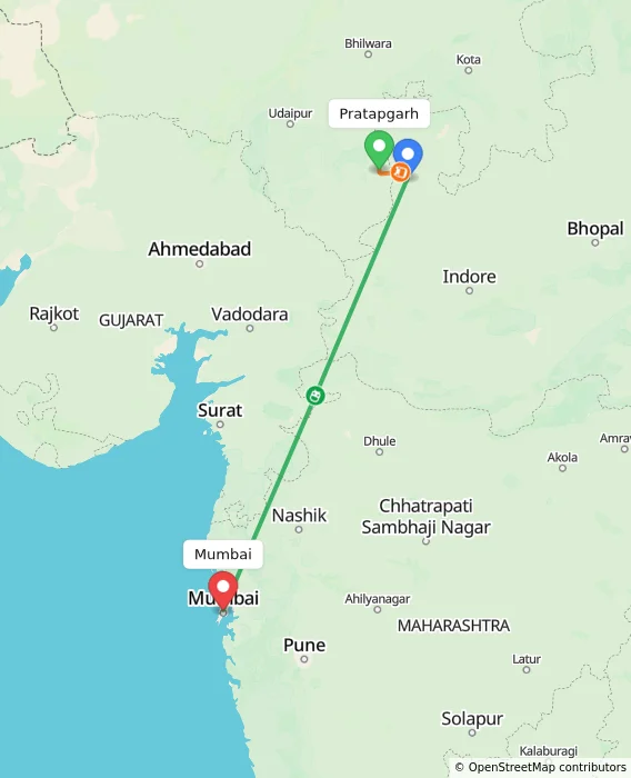Route map showing distance and travel time from Pratapgarh, India to Mumbai, India
