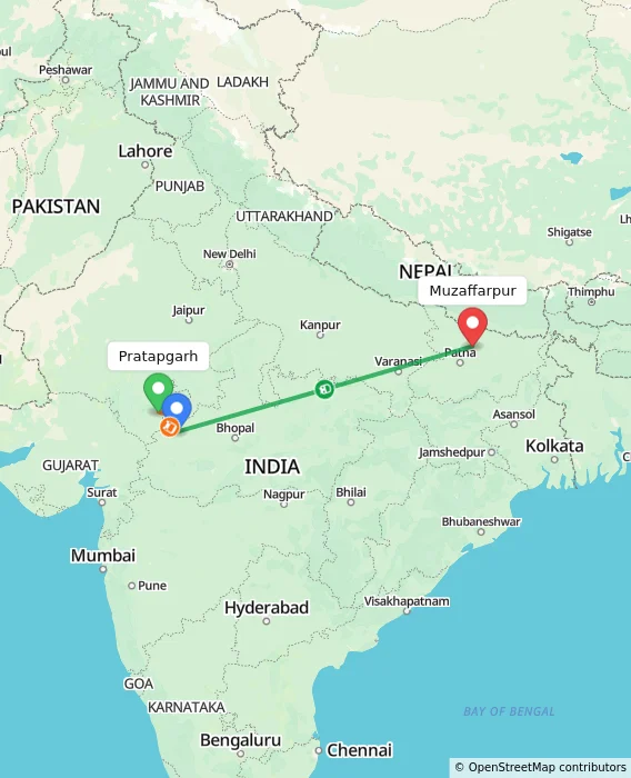 Route map showing distance and travel time from Pratapgarh, India to Muzaffarpur, India