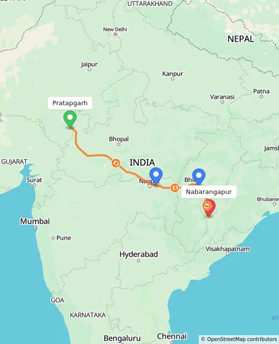 Route map showing distance and travel time from Pratapgarh, India to Nabarangapur, India