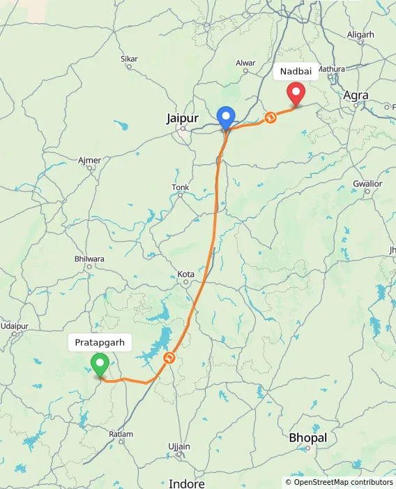 Route map showing distance and travel time from Pratapgarh, India to Nadbai, India