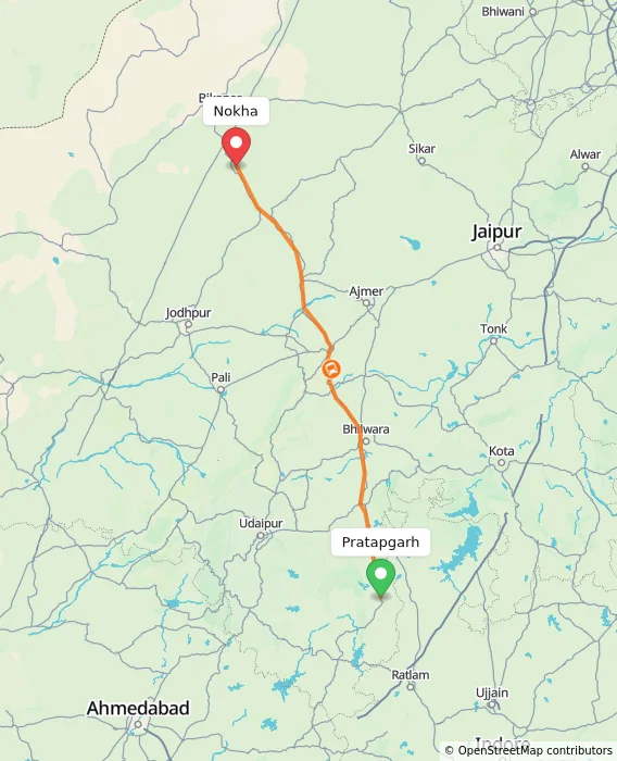 Route map showing distance and travel time from Pratapgarh, India to Nokha, India