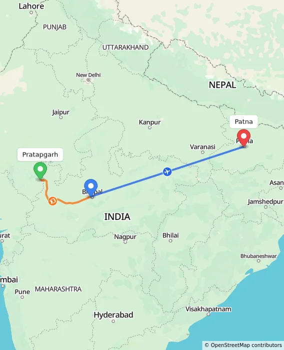Route map showing distance and travel time from Pratapgarh, India to Patna, India