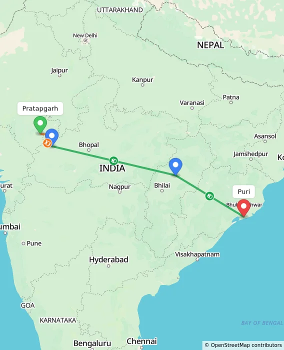 Route map showing distance and travel time from Pratapgarh, India to Puri, India