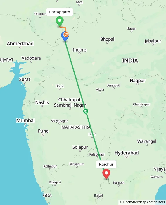 Route map showing distance and travel time from Pratapgarh, India to Raichur, India