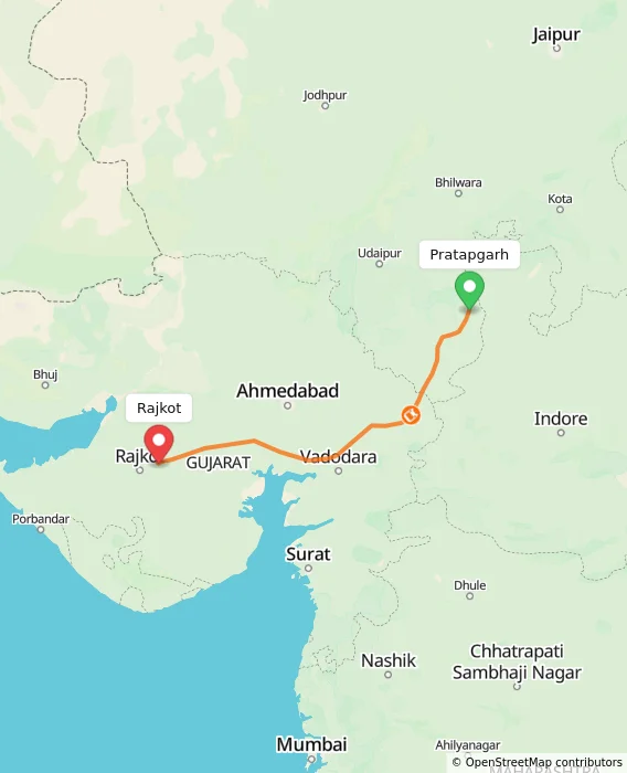 Route map showing distance and travel time from Pratapgarh, India to Rajkot, India