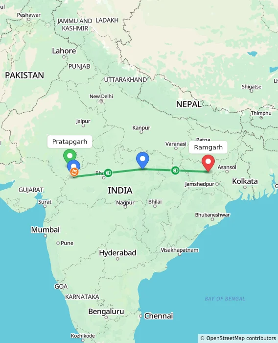 Route map showing distance and travel time from Pratapgarh, India to Ramgarh, India