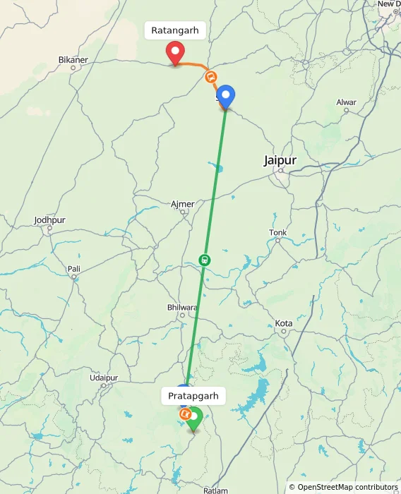Route map showing distance and travel time from Pratapgarh, India to Ratangarh, India