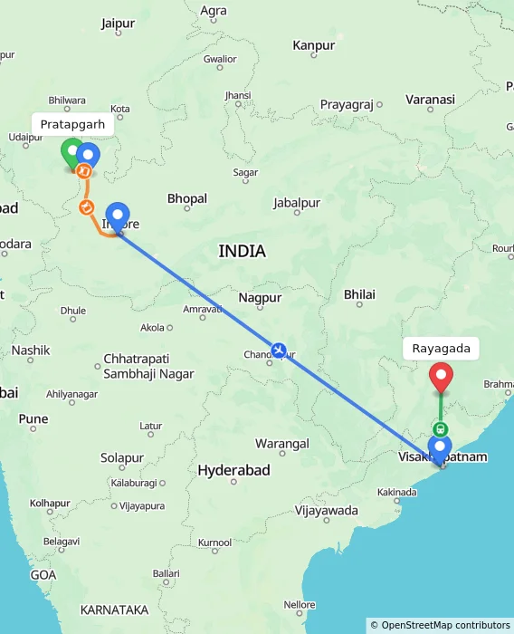 Route map showing distance and travel time from Pratapgarh, India to Rayagada, India