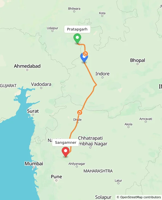 Route map showing distance and travel time from Pratapgarh, India to Sangamner, India