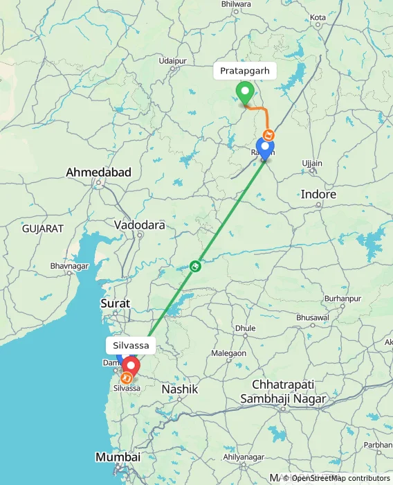 Route map showing distance and travel time from Pratapgarh, India to Silvassa, India