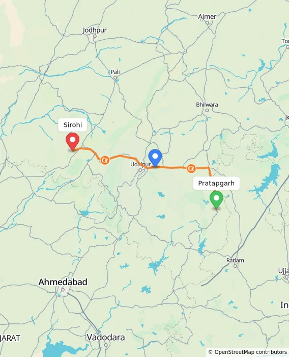 Route map showing distance and travel time from Pratapgarh, India to Sirohi, India
