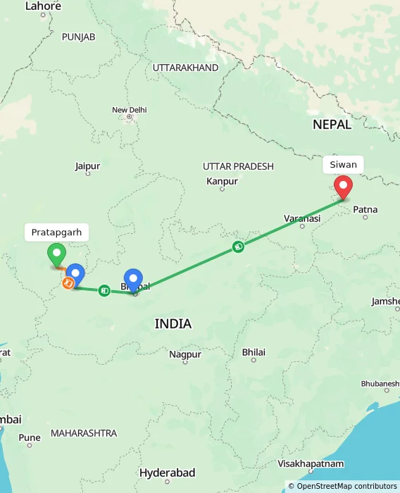 Route map showing distance and travel time from Pratapgarh, India to Siwan, India
