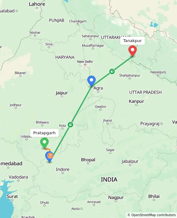Route map showing distance and travel time from Pratapgarh, India to Tanakpur, India