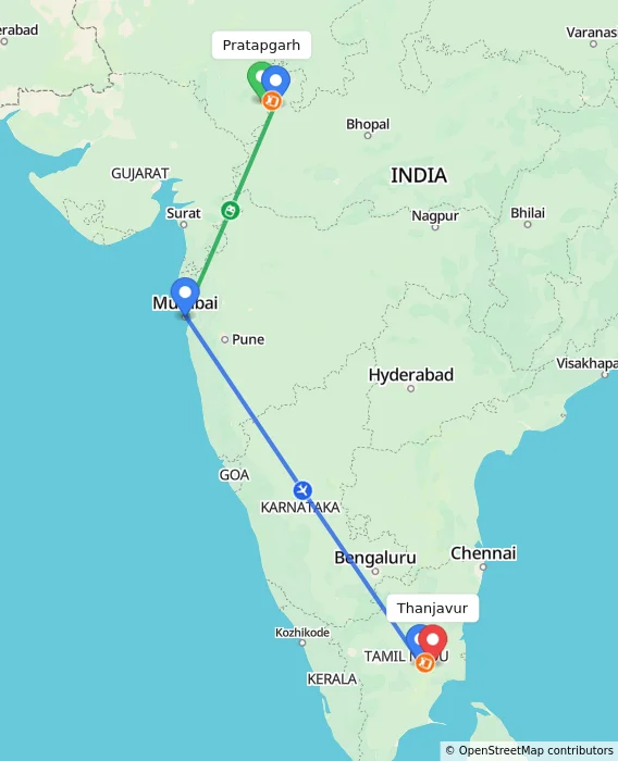 Route map showing distance and travel time from Pratapgarh, India to Thanjavur, India