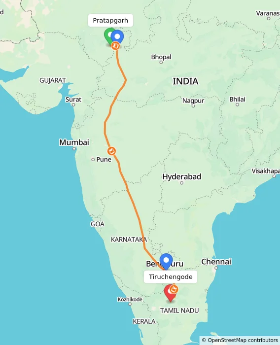 Route map showing distance and travel time from Pratapgarh, India to Tiruchengode, India