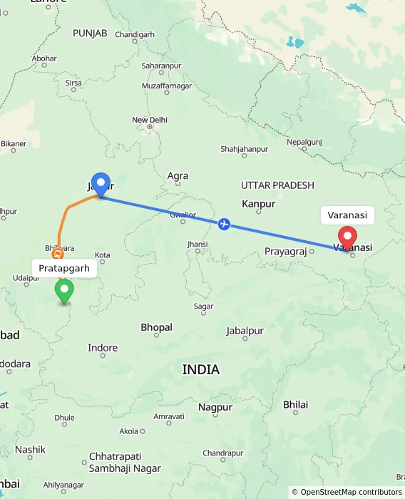 Route map showing distance and travel time from Pratapgarh, India to Varanasi, India