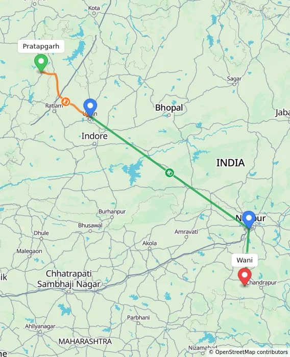 Route map showing distance and travel time from Pratapgarh, India to Wani, India