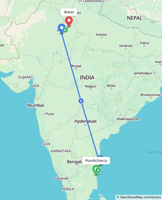 Route map showing distance and travel time from Puducherry, India to Alwar, India